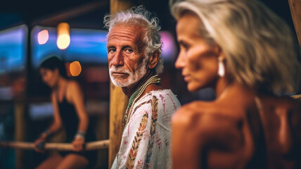 Fototapeta na wymiar senior man in tropical vacation area, nightlife, attractive senior woman, fictional location, dating and meeting on vacation or emigrated