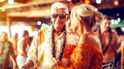 Obraz premium senior man in tropical vacation area, nightlife, attractive senior woman, fictional location, dating and meeting on vacation or emigrated