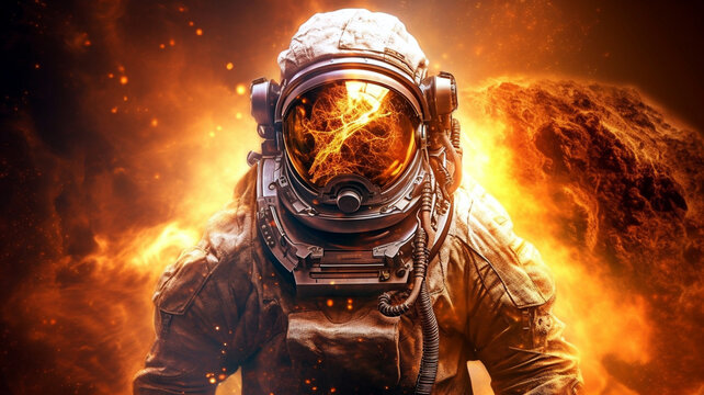 adult man is astronaut, wears an astronaut suit, astronaut helmet, in space