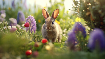 rabbit or bunny or easter bunny in meadow with spring flowers, outdoor in garden or nature