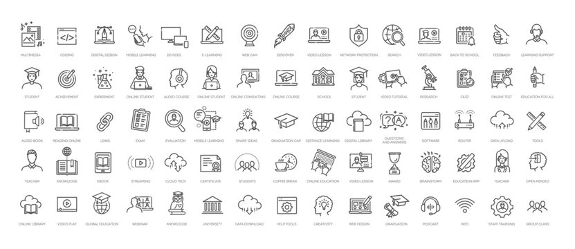 Collection of e-learning related line icons