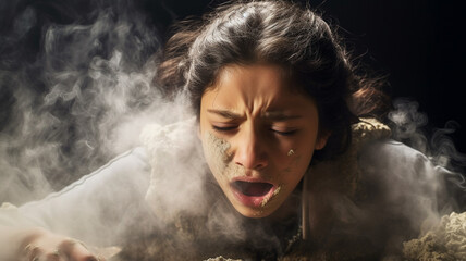 teenage girl baking, exploded dough, fictional, smoke and smoke