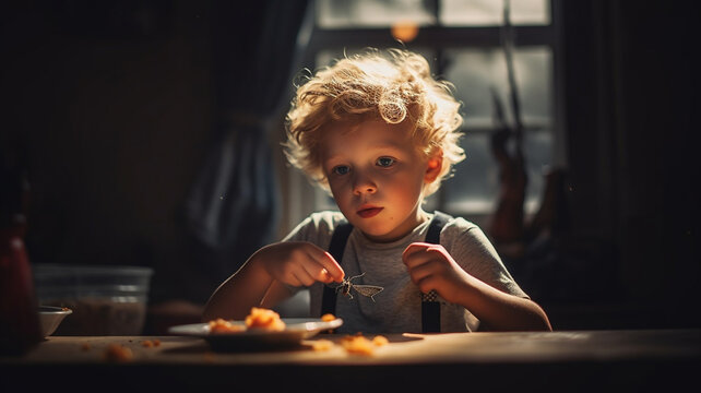 toddler kid boy eating, eating insects, bug with wings, sad or gripe nagging and bad mood, fictitious, amazed shocked, bad taste