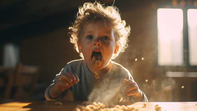 toddler child boy eating, dinner or early morning, spoon and bowl, messy mouth, doesn't taste good, spits food out again, bitching nagging bad mood, fictitious,