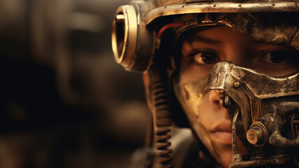 humanity, child childhood a boy, military, a soldier in combat suit, armor, evolution and future, war and soldiers