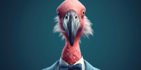 Anthropomorphic business Flamingo with elegant suit, color background, A dapper animal in a business suit. AI Generated