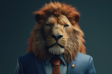 Anthropomorphic business Lion with elegant suit, color background, A dapper animal in a business suit. AI Generated