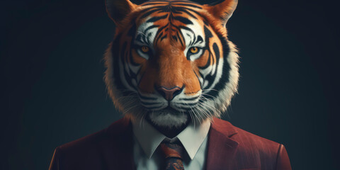 Anthropomorphic business Tiger with elegant suit, color background, A dapper animal in a business suit. AI Generated
