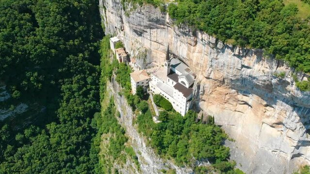 Aerial view of Church on the side of a cliff, Santuario Madonna Della Corona. Sacred place of fantastic beauty. Nature of Northern Italy. Monte Baldo Rock. Near Verona 3