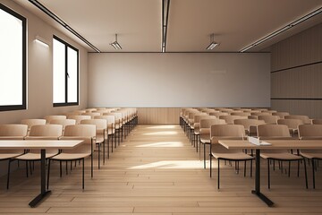 classroom with wooden chairs and natural light coming from the windows. Generative AI