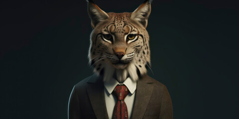 Fototapeta na wymiar Anthropomorphic business iberian Lynx with elegant suit, color background, A dapper animal in a business suit. AI Generated