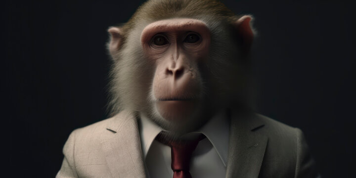 Anthropomorphic business Japanese macaq with elegant suit, color background, A dapper animal in a business suit. AI Generated