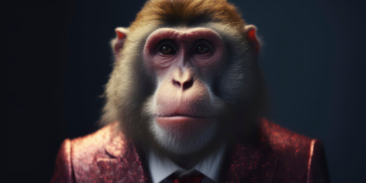 Anthropomorphic business Japanese macaq with elegant suit, color background, A dapper animal in a business suit. AI Generated