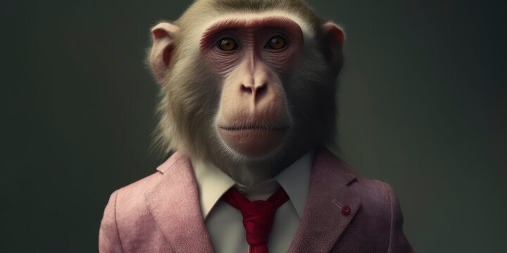 Anthropomorphic business Japanese macaq with elegant suit, color background, A dapper animal in a business suit. AI Generated