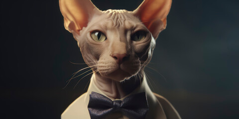 Anthropomorphic business sphynx cat with elegant suit, color background, A dapper animal in a business suit. AI Generated