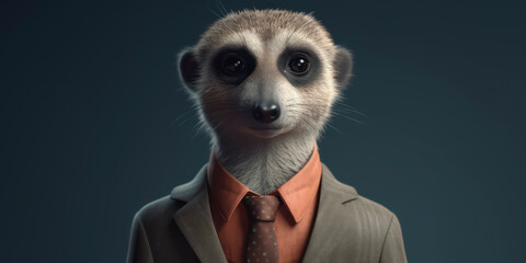 Anthropomorphic business suricate with elegant suit, color background, A dapper animal in a business suit. AI Generated