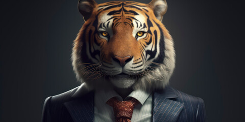 Anthropomorphic business Tiger with elegant suit, color background, A dapper animal in a business suit. AI Generated