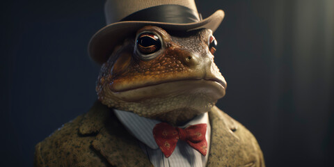 Anthropomorphic business Toad with elegant suit, color background, A dapper animal in a business suit. AI Generated