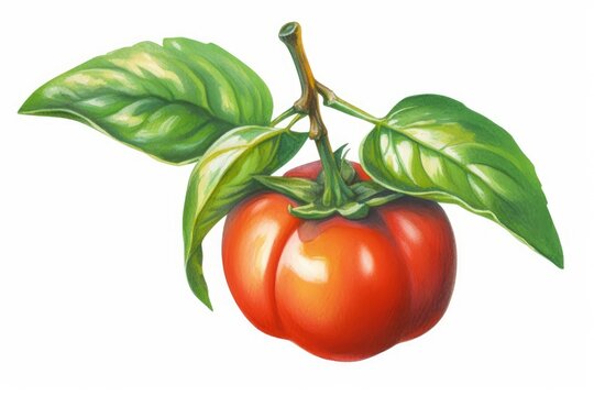 ripe tomato with green leaves painted in a realistic style. Generative AI