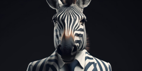 Fototapeta premium Anthropomorphic business Zebra with elegant suit, color background, A dapper animal in a business suit. AI Generated