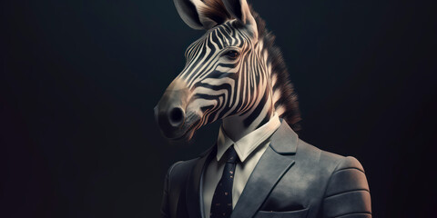 Fototapeta premium Anthropomorphic business Zebra with elegant suit, color background, A dapper animal in a business suit. AI Generated