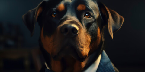 Anthropomorphic business Rottwailer with elegant suit, color background, A dapper animal in a business suit. AI Generated