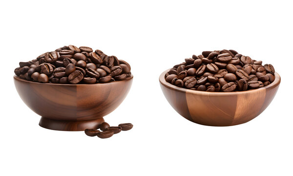 Coffee beans and wooden bowl isolated on white transparent png