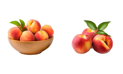 Peaches and wooden bowl isolated on white transparent png