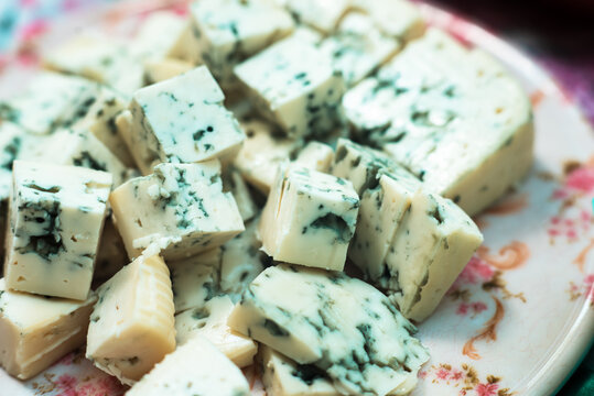 A Soft Cheese Diced On A Plate For Picnic Snacks Or Canapes This Is The Camembert Or Brie, Family Of Cheeses