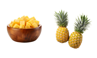 Fototapeta na wymiar Pineapple and wooden bowl isolated on white transparent png