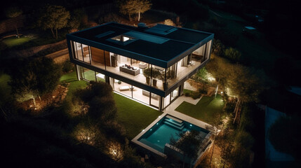 Drone view of modern and elegant house exterior in green forest, panorama in the night