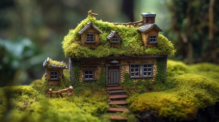 Fairy tale fantasy forest with green grass and little cottage house in the woods.