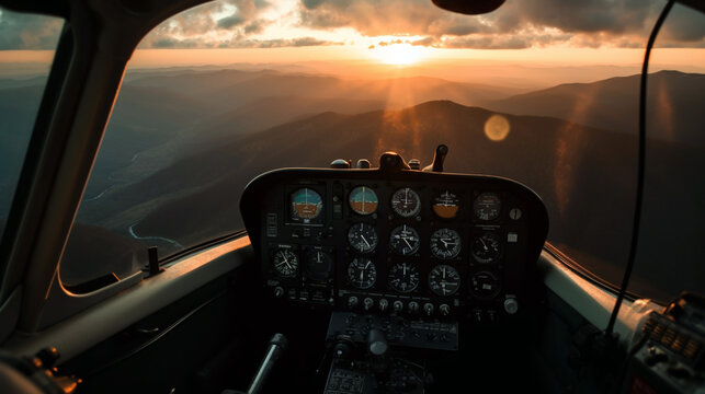 View from the cockpit of a light private plane while performing a leisure flight in autumn