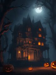 Fototapeta na wymiar Halloween spooky background, scary pumpkins scene. Scary house in creepy forest with fog and lights. Happy Halloween theme. Digital painting illustration created with Generative AI technology.