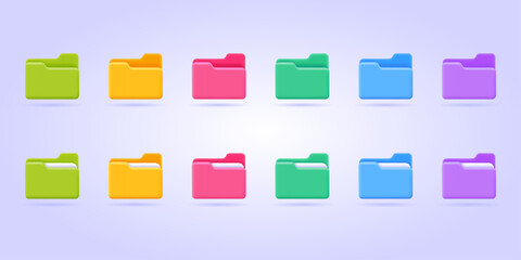 Three dimensional vector icon collection of green, pink, blue, purple and yellow computer file folder with paper document and empty file folder. 3d vector illustration for application. - obrazy, fototapety, plakaty