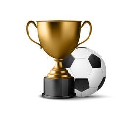 Realistic Vector 3d Blank Golden Champion Cup Icon with Soccer Ball Set Closeup Isolated on White. Design Template of Championship Trophy. Sport Tournament Award, Gold Winner Cup and Victory Concept