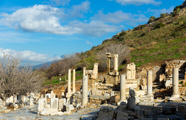 View of architectural elements of partially reconstructed Hydreion Fountain in ancient Greek city of Ephesus, Izmir, Turkey