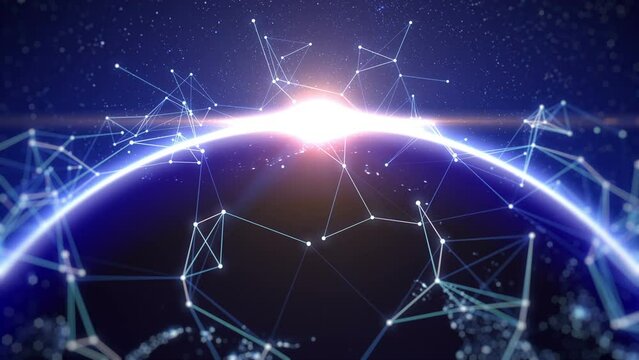 World network connection view from space satellite with lights connect between cities