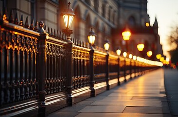 Wrought iron fence with street lamps in the city at sunset. Selective focus