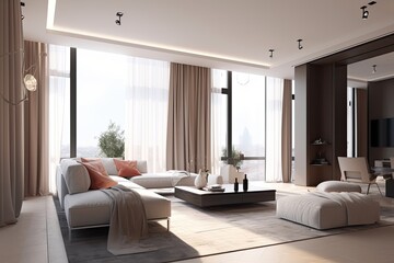 Naklejka na ściany i meble modern living room with a large window and minimalist decor