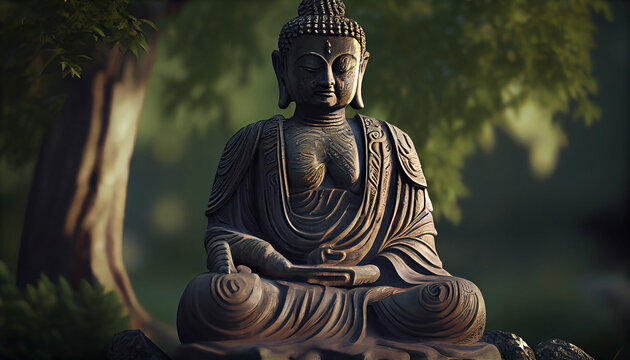 A serene and peaceful image of a Buddha statue in a cross-legged meditation pose, Created using AI