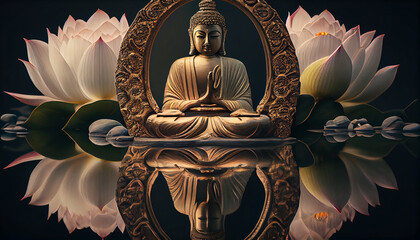 A serene and peaceful image of a Buddha statue in a cross-legged meditation pose, Created using AI