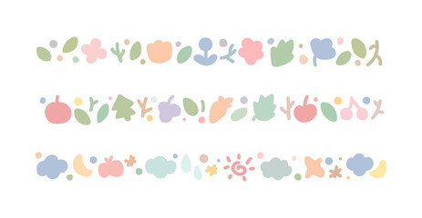 A set of cute hand-drawn illustration borders with the concept of nature. flower and fruit,  Tree, cloud, sun, moon, leave objects are repeated in a continuous pattern.