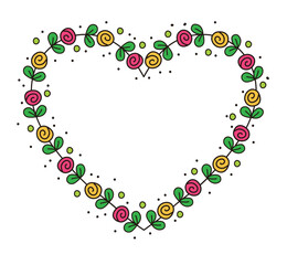 A hand-drawn illustration of a garland frame surrounded by flowers in the shape of a heart.