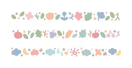 A set of cute hand-drawn illustration borders with the concept of nature. flower and fruit,  Tree, cloud, sun, moon, leave objects are repeated in a continuous pattern.