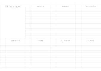 A weekly plan design template in a modern, simple, and minimalist style. Note, scheduler, diary, calendar, planner document template illustration.