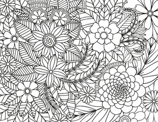 Coloring page for adults and children. Vector flower carpet.