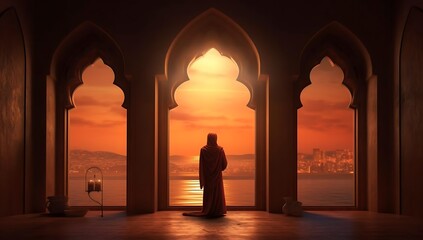 Silhouette of a Muslim man praying in the mosque at sunset ai generated
