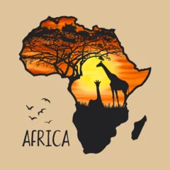 Stoff pro Meter Africa map silhouette with illustration of forest and animals. Vector design © esa