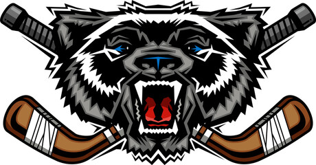 wolverine mascot head with crossed hockey sticks for school, college or league sports
